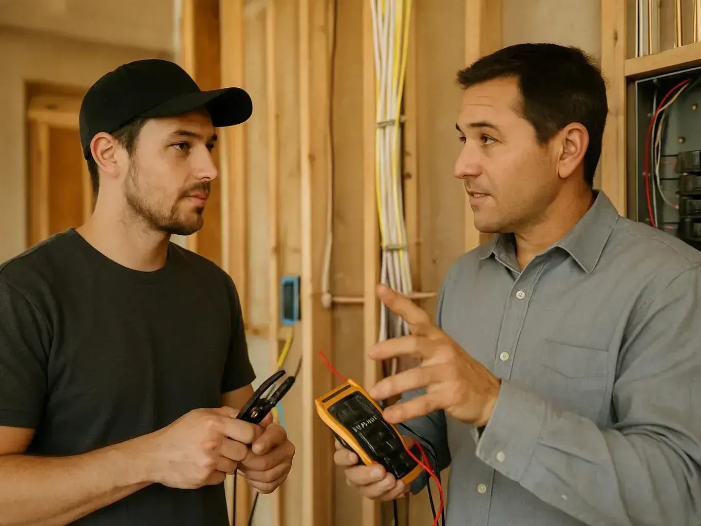 Two electricians inspect wiring inside a framed wall using testing equipment