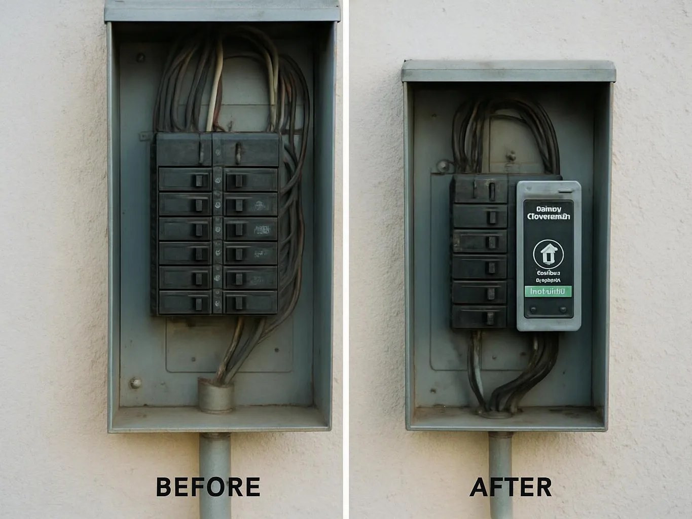 A before-and-after view of an electrical panel shows a cleaner setup with a labeled device added on the right