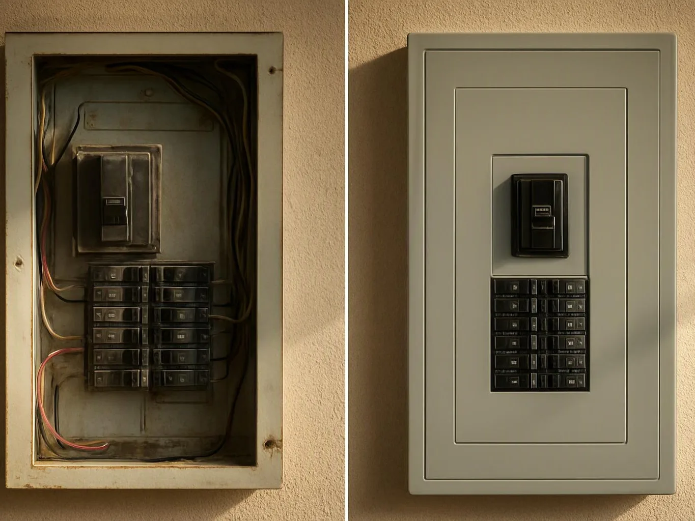 A before-and-after view shows an old open electrical panel beside a clean closed breaker box on a wall