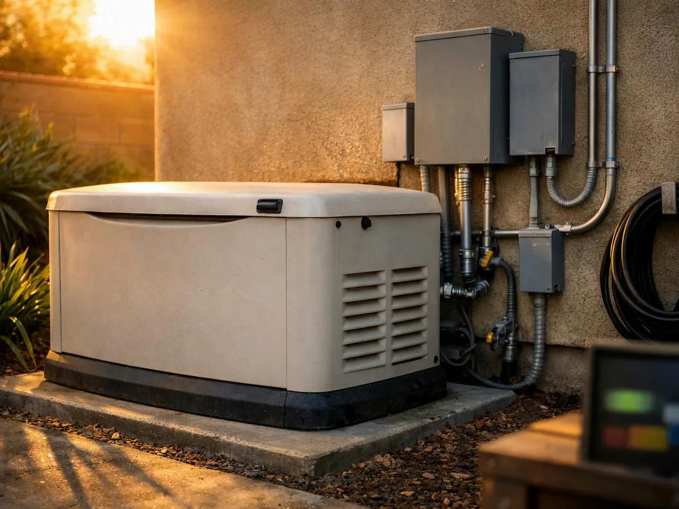 A beige outdoor generator sits beside a stucco wall with metal conduit boxes and warm sunset light