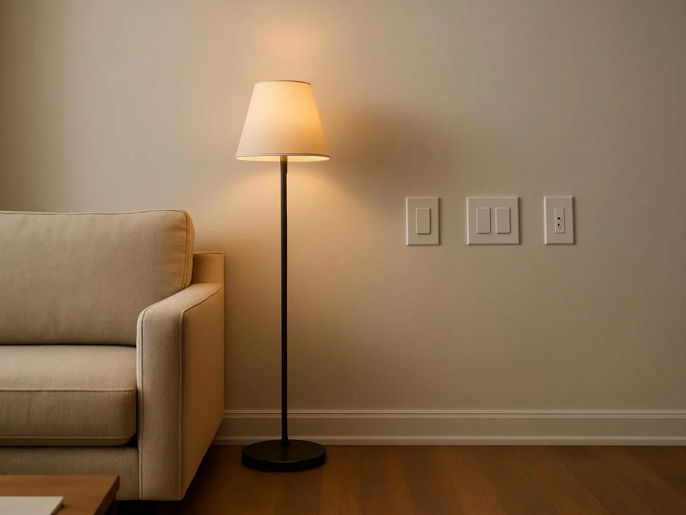 A beige sofa sits beside a lit floor lamp on a plain wall with switches and outlets