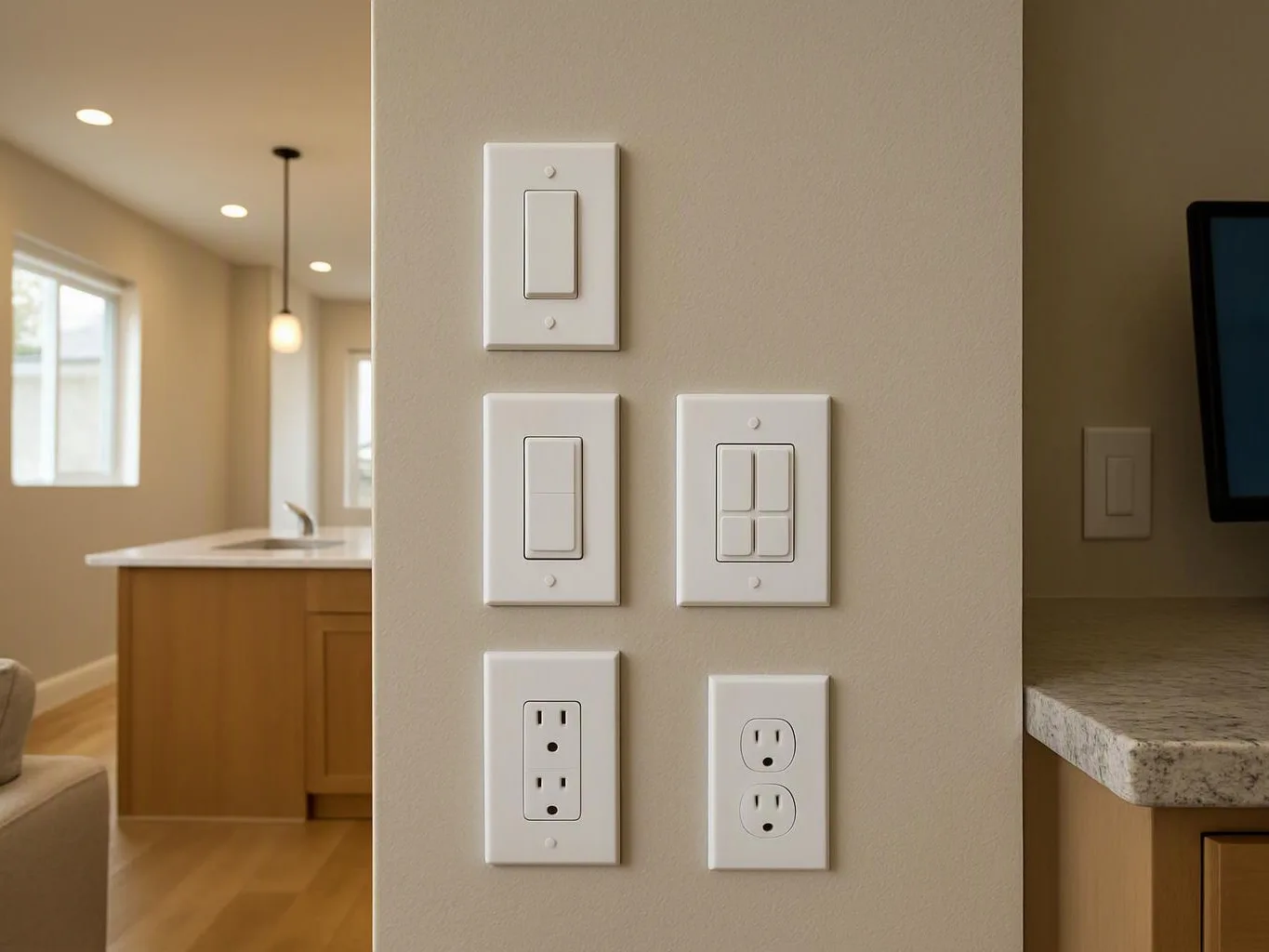 A beige wall holds several light switches and outlets, with a kitchen and countertop visible beside it