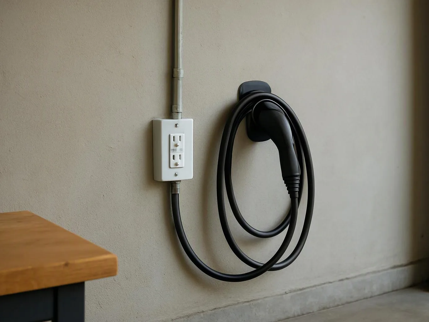 A black charging cable hangs coiled beside a wall outlet in a plain indoor space