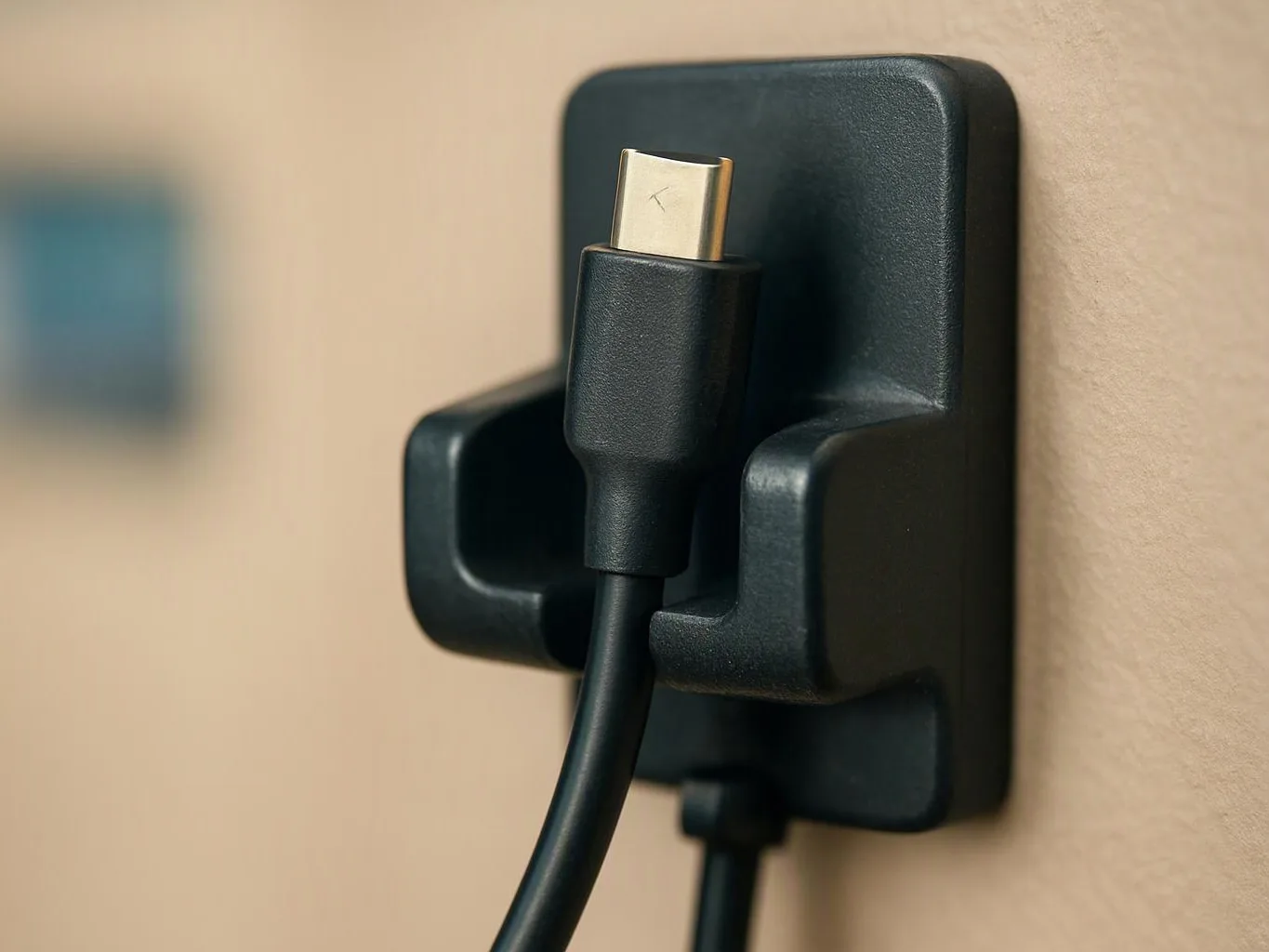 A black USB-C cable hangs from a wall-mounted holder against a beige background