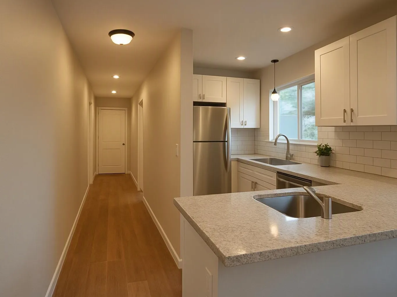 Bright hallway beside a modern kitchen with white cabinets, a stainless fridge, and a sink by the window