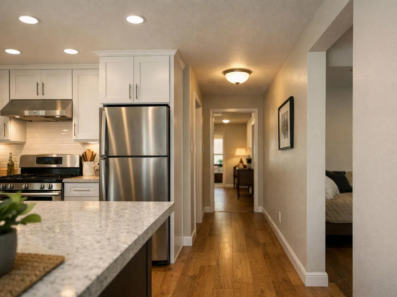 A bright kitchen opens to a hallway with wood floors, white cabinets, stainless appliances, and a glimpse of a bedroom