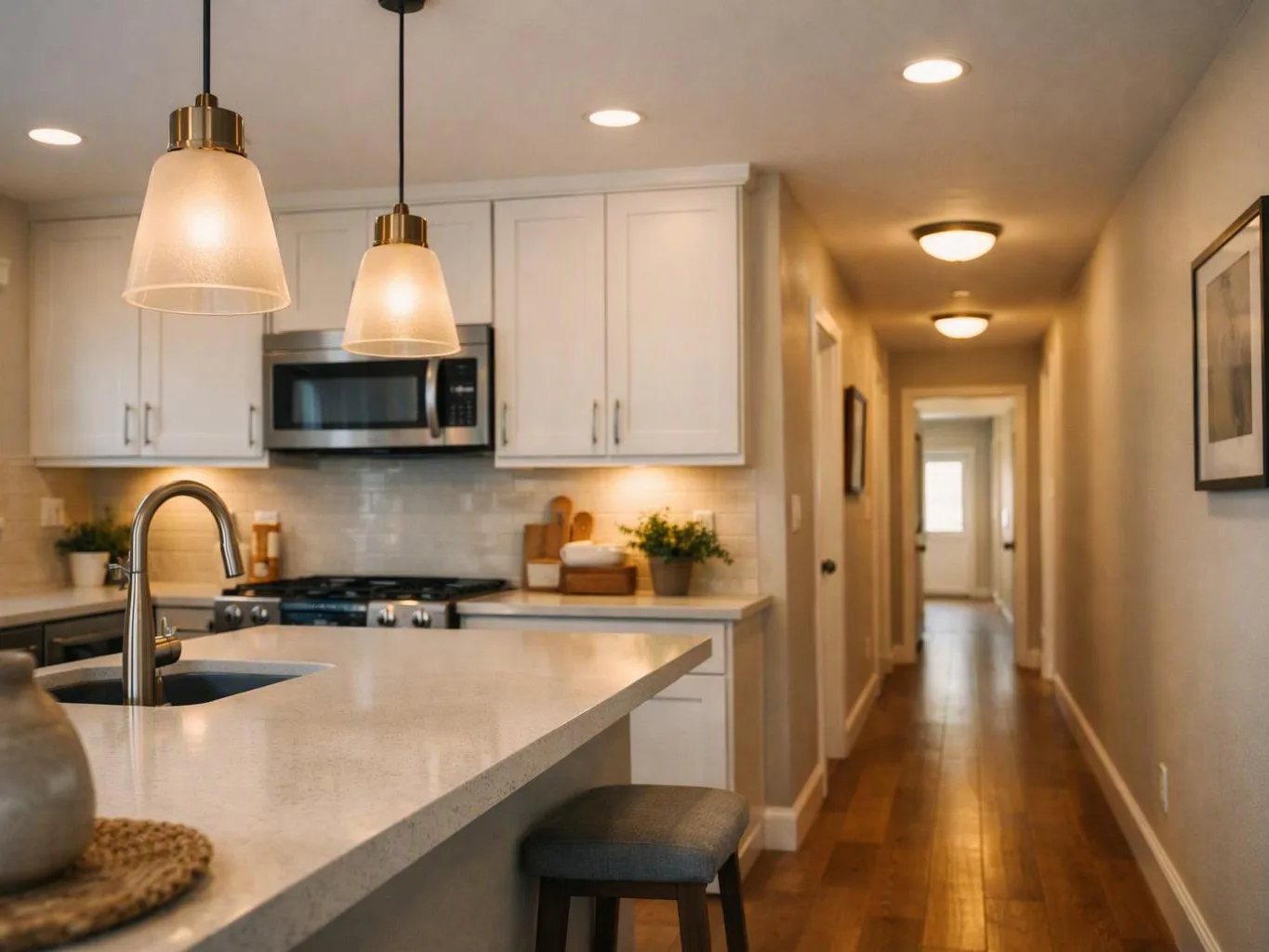 Bright kitchen with white cabinets, pendant lights, an island sink, and a long hallway with wood floors