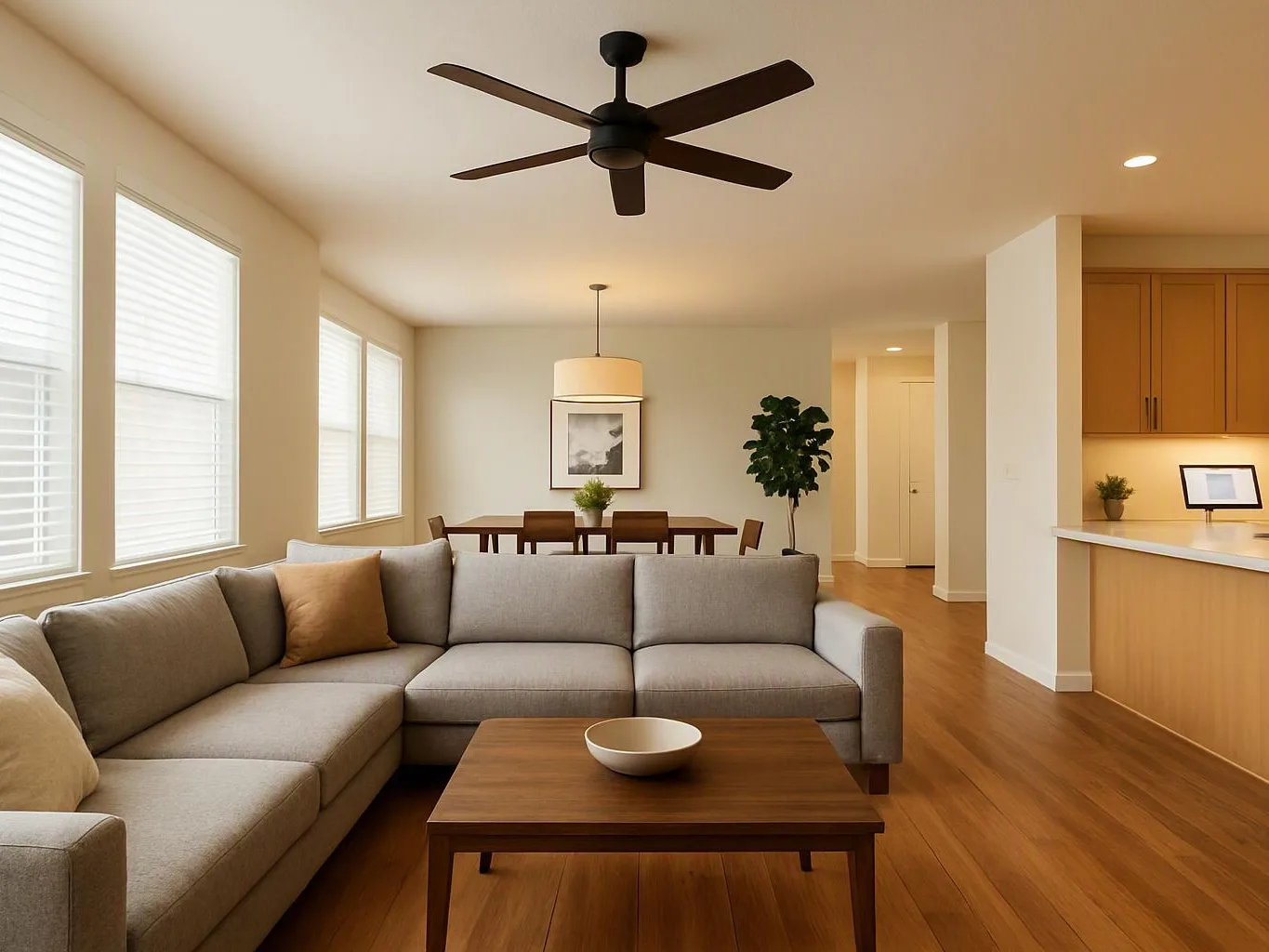 A bright open-plan living room shows a gray sectional, wooden table, dining set, and kitchen counter