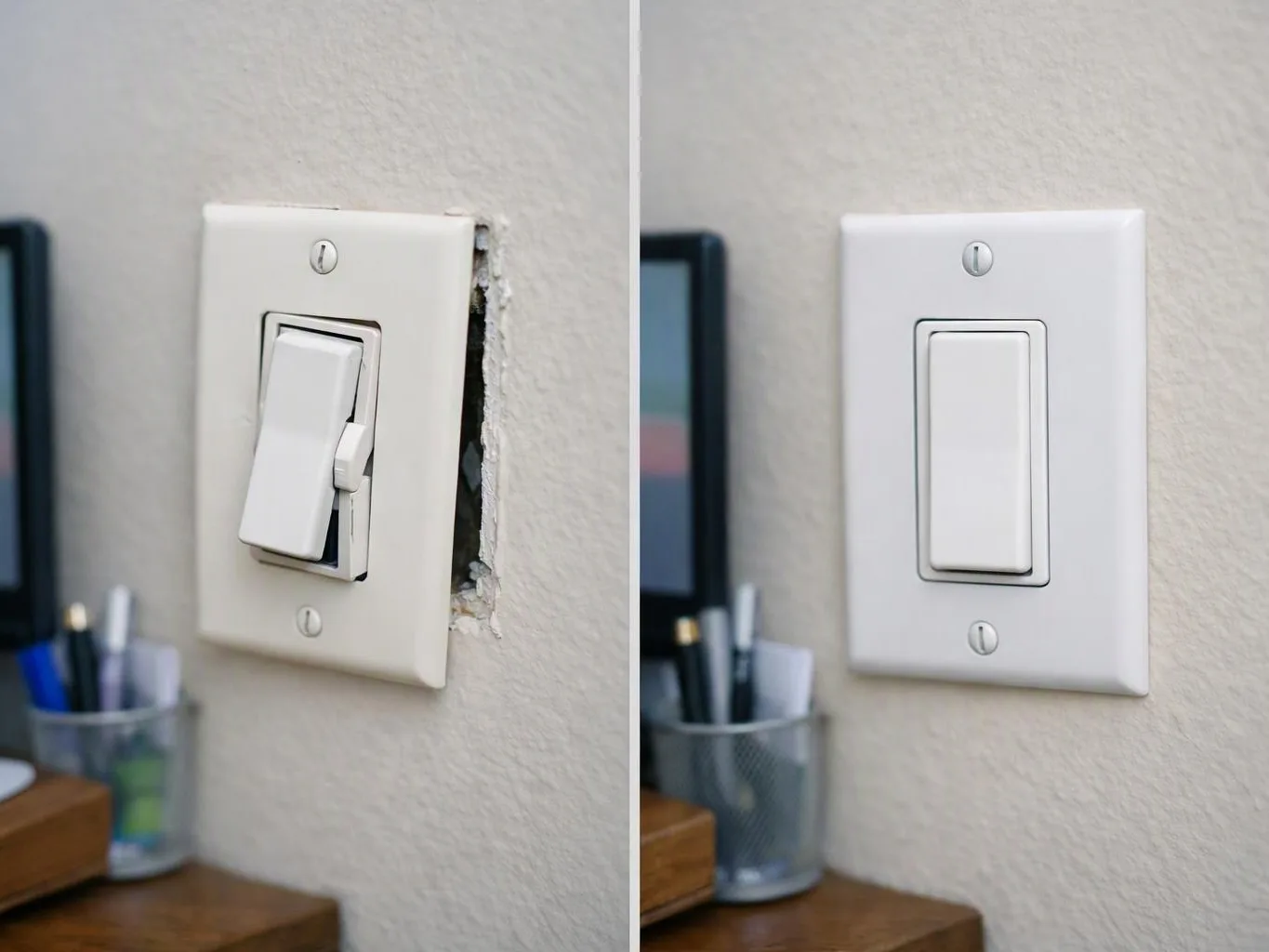 A broken wall light switch is shown before and after repair on a beige wall