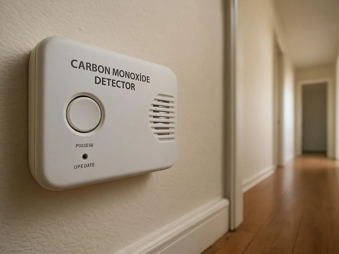 A carbon monoxide detector is mounted on a hallway wall beside a wooden floor and open doorway