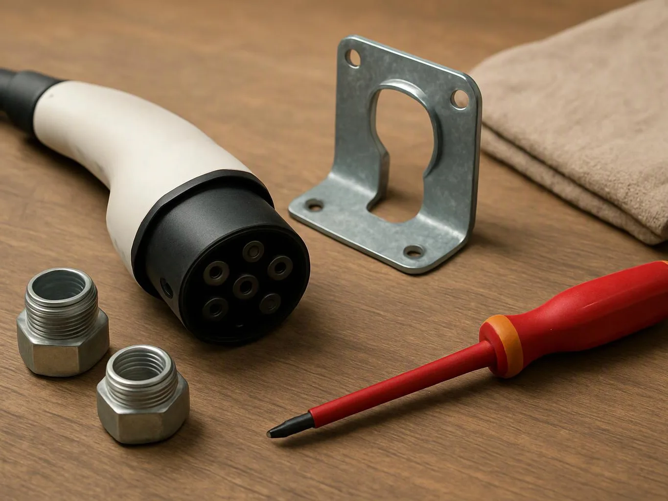 A charging cable, metal bracket, two nuts, and a red screwdriver rest on a wooden table