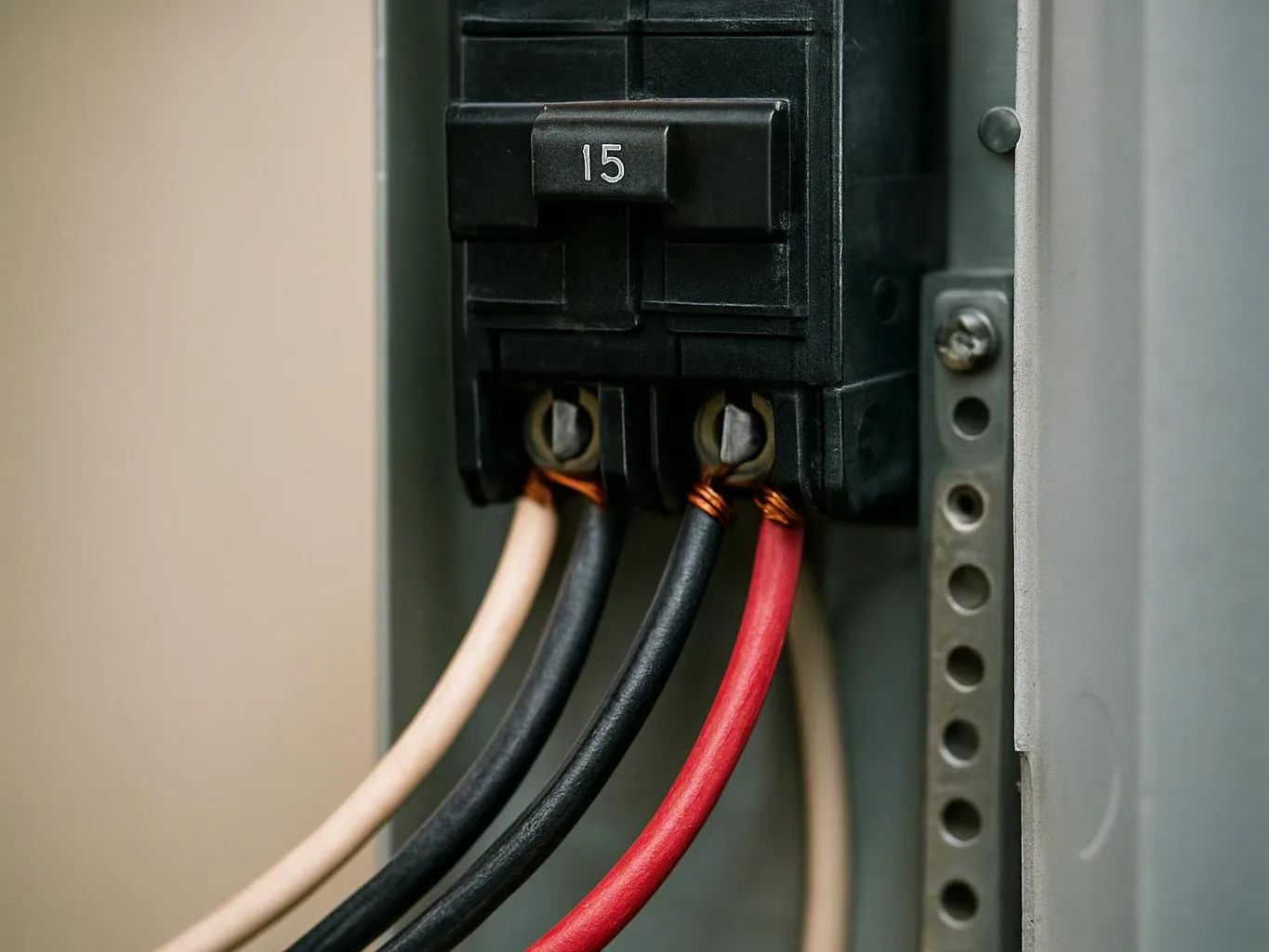 Close-up of a 15-amp circuit breaker with colored wires connected inside an electrical panel
