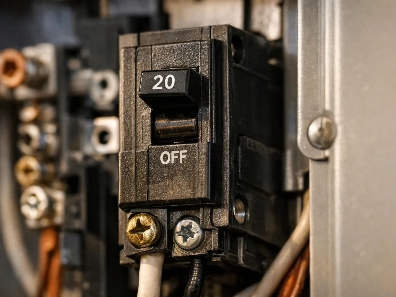 Close-up of a 20 amp breaker switch in an electrical panel with wires and screws visible