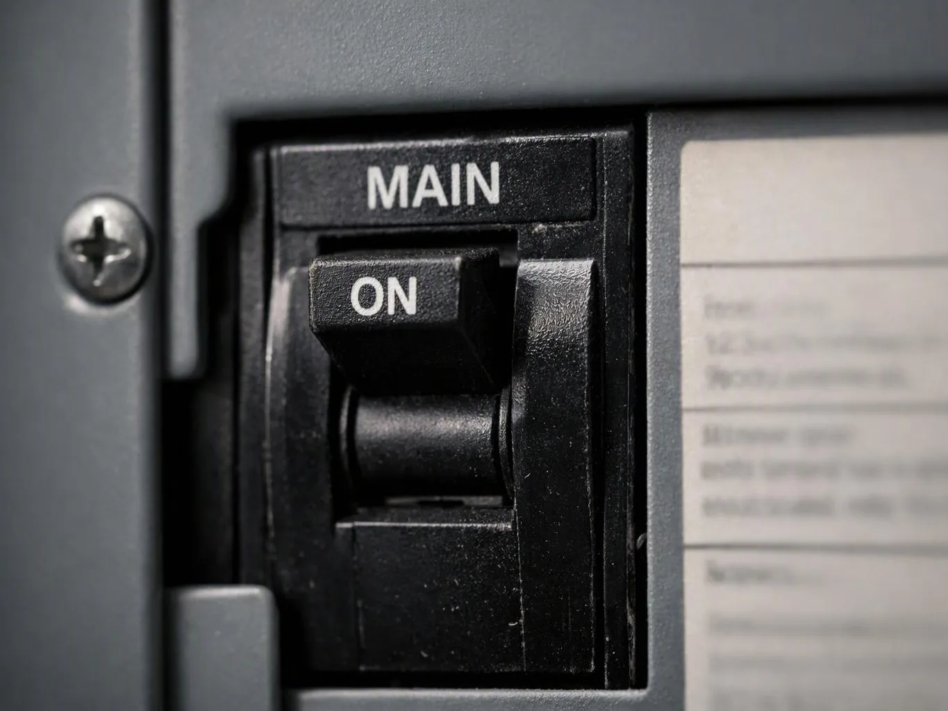 Close-up of a black circuit breaker switch labeled MAIN and on inside a gray electrical panel
