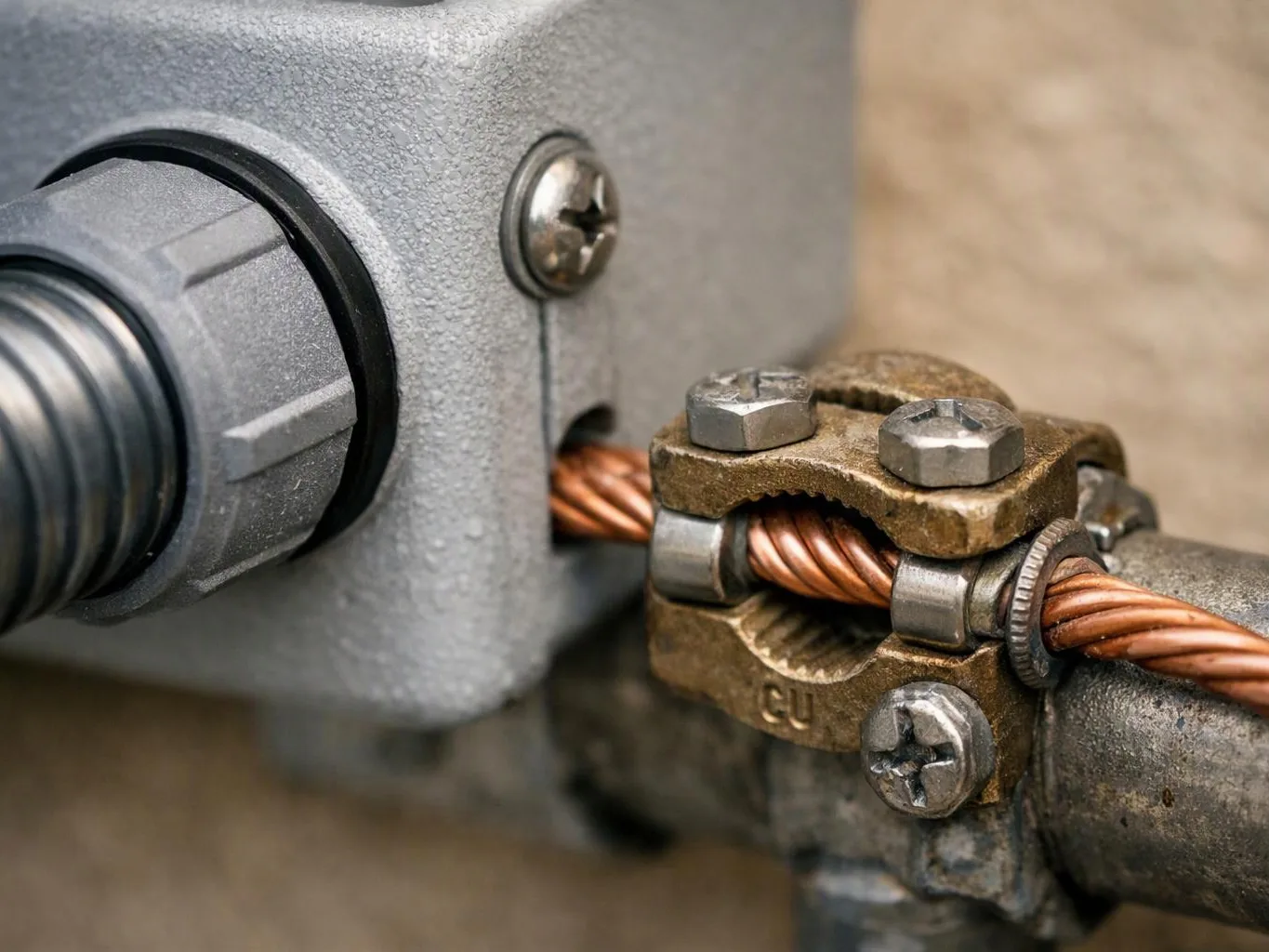 Close-up of a copper wire clamped to a metal pipe beside a gray electrical fitting