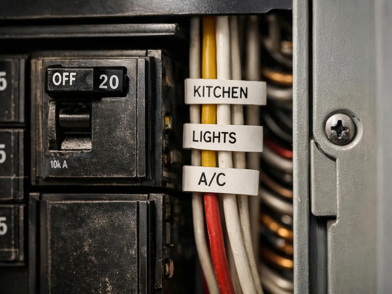 Close-up of an electrical breaker panel with labeled wires for kitchen, lights, and A/C