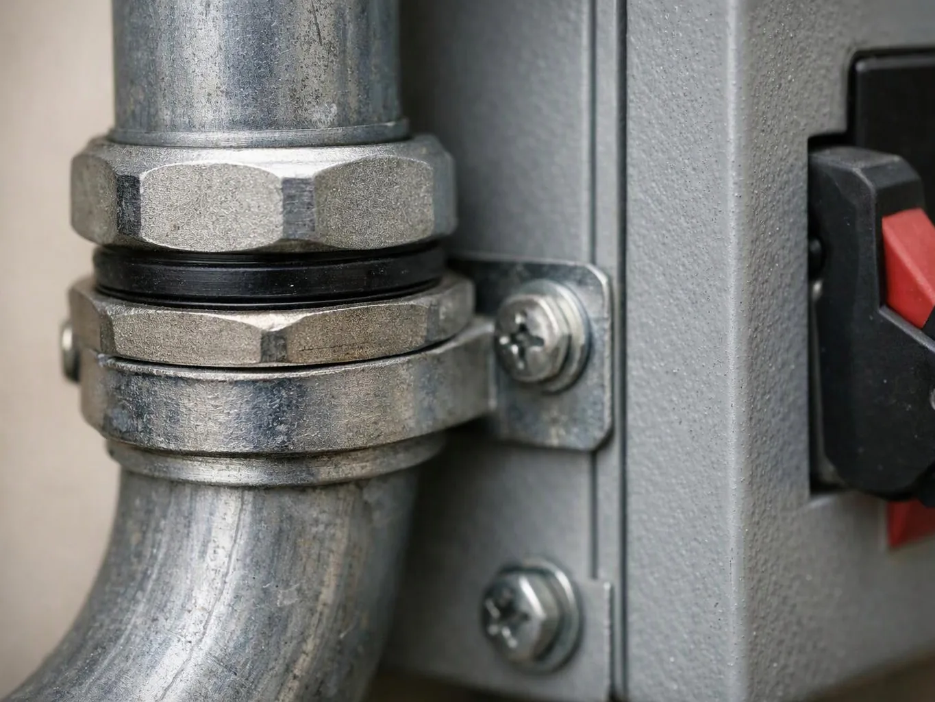 Close-up of a metal conduit secured to a gray electrical box with screws and a red switch on the side