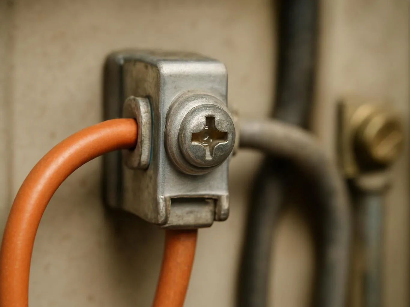 Close-up of an orange wire clamped to a metal terminal block with a screw fastener