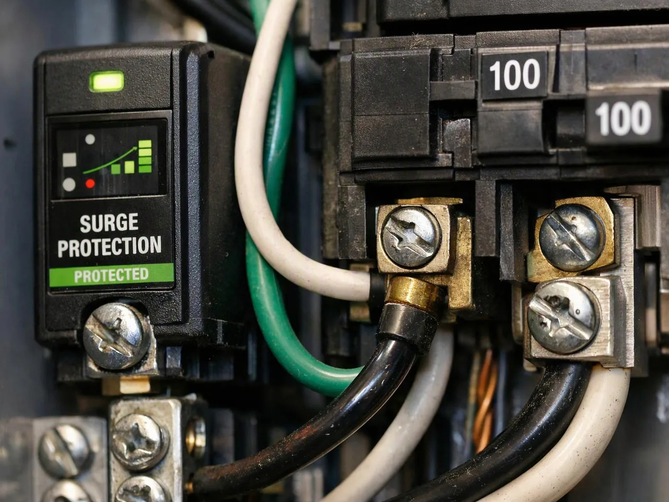 Close-up of a surge protection module and circuit breaker with thick wires and metal screw terminals inside an electrical panel