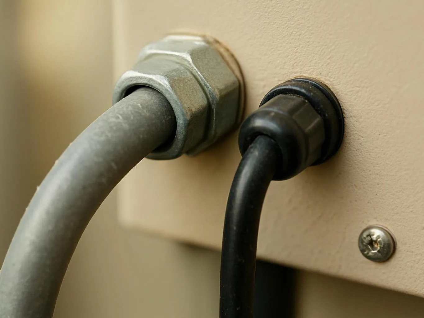 Close-up of two cables passing through a beige metal panel, one gray and one black