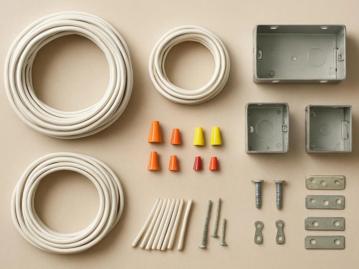 Coiled white cables, metal electrical boxes, colorful wire nuts