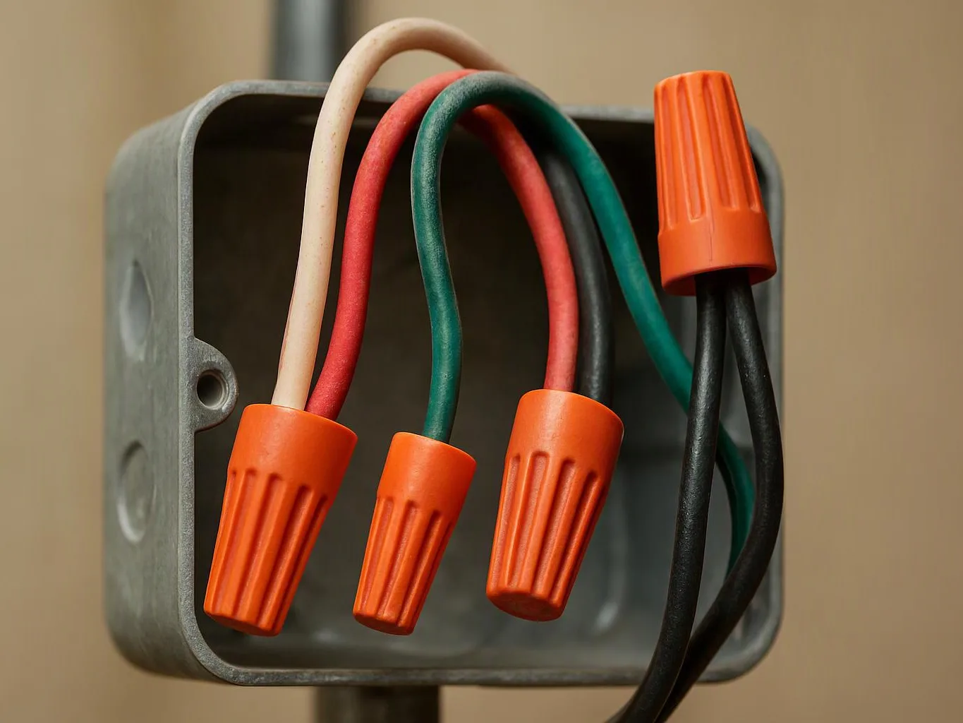 Colored electrical wires joined with orange wire nuts inside a gray metal junction box
