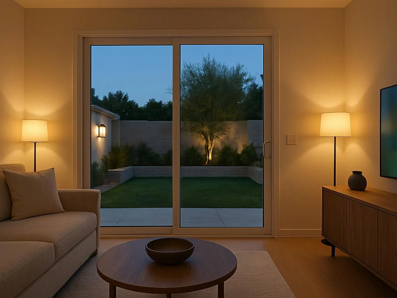 A cozy living room glows with lamps, a sofa, a round table, and a view of a lit backyard at dusk