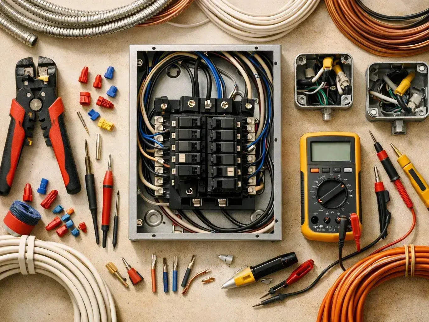 Electrical tools, wire coils, breaker panel, and multimeter arranged on a workbench