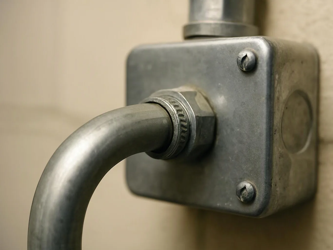 A curved metal pipe enters a gray electrical junction box on a beige wall