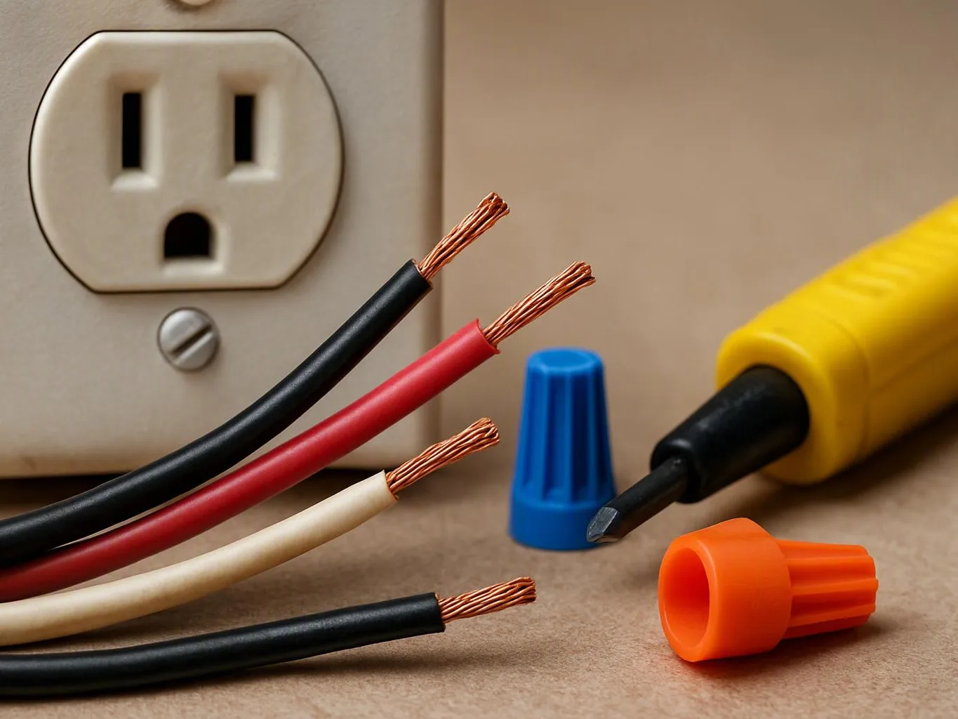 Cut electrical wires and wire nuts sit beside an outlet and a screwdriver on a work surface