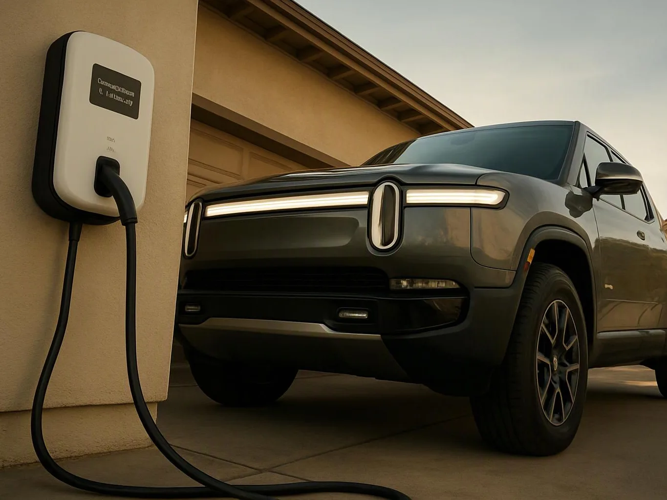 A dark electric SUV sits in a driveway while a wall charger hangs beside it with a cable attached