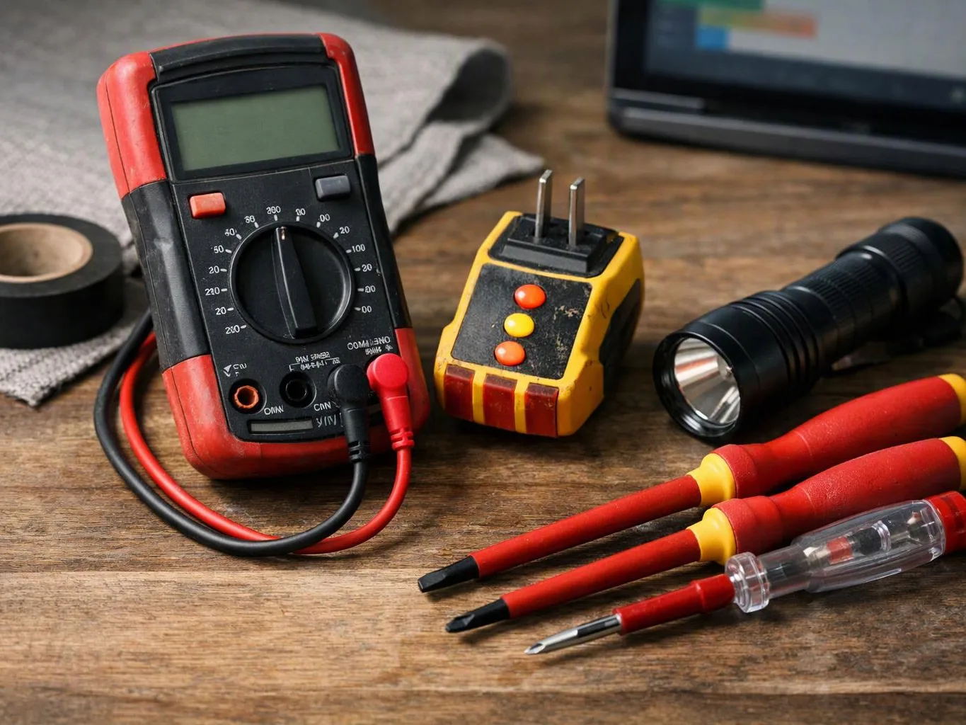 A digital multimeter, test leads, flashlight, screwdriver, and plug adapter rest on a wooden workbench