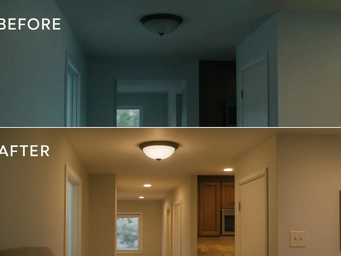 A dim hallway is shown before and after, with brighter recessed lights and a warmer ceiling fixture in the second view