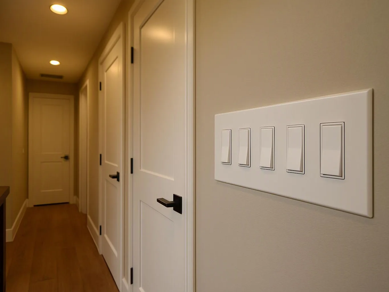 A dim hallway with white doors, wood flooring, and a row of wall light switches in the foreground