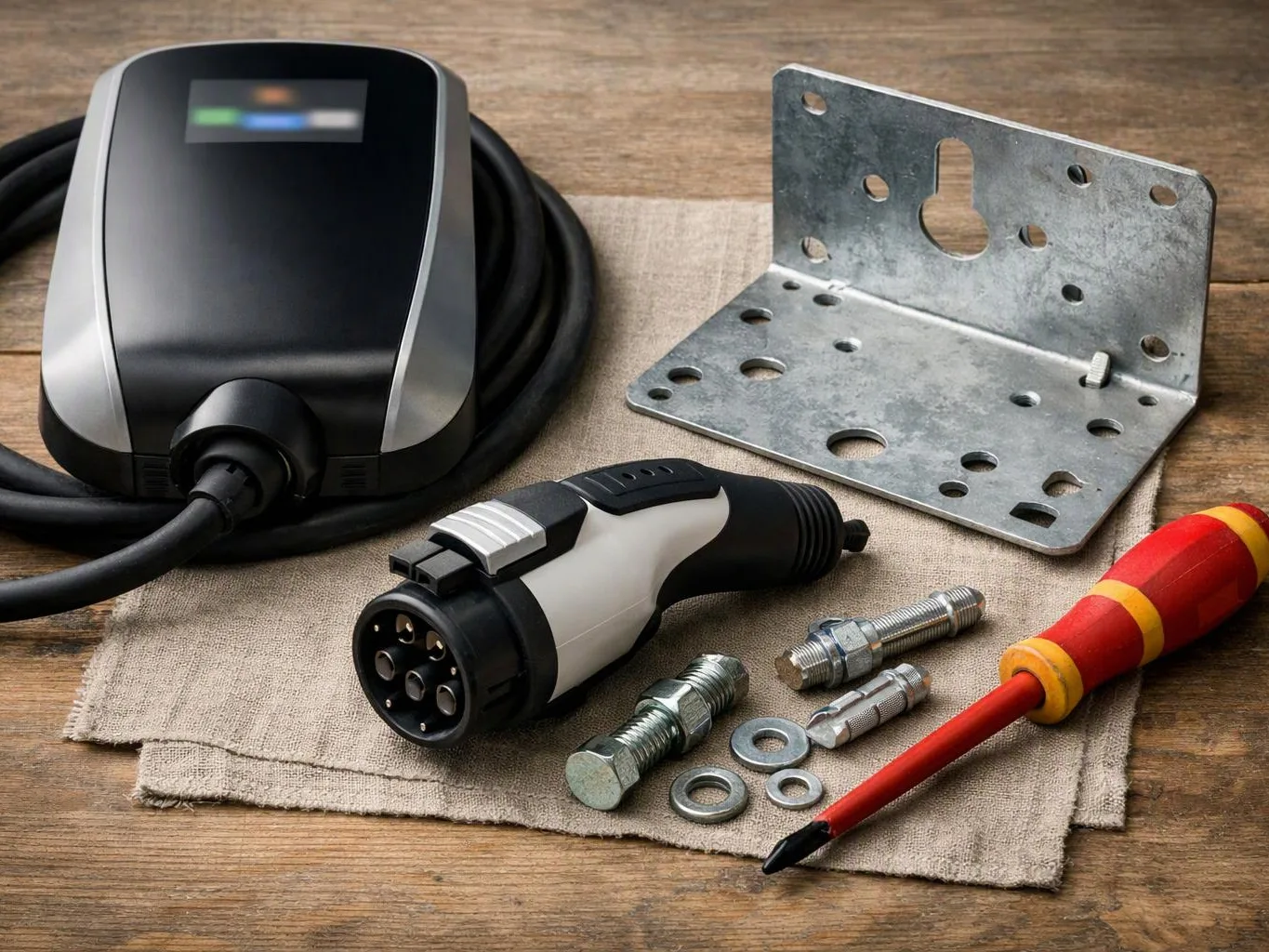 Electric vehicle charging parts, a cable unit, plug, metal bracket, bolts, washers, and screwdriver on a wooden table