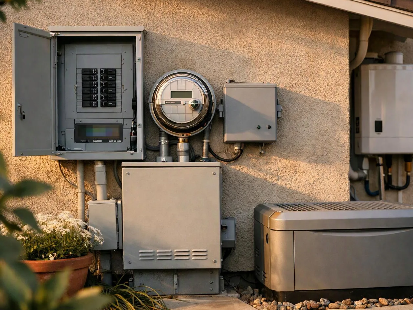 Electrical meter and control boxes mounted on a stucco wall beside an outdoor generator