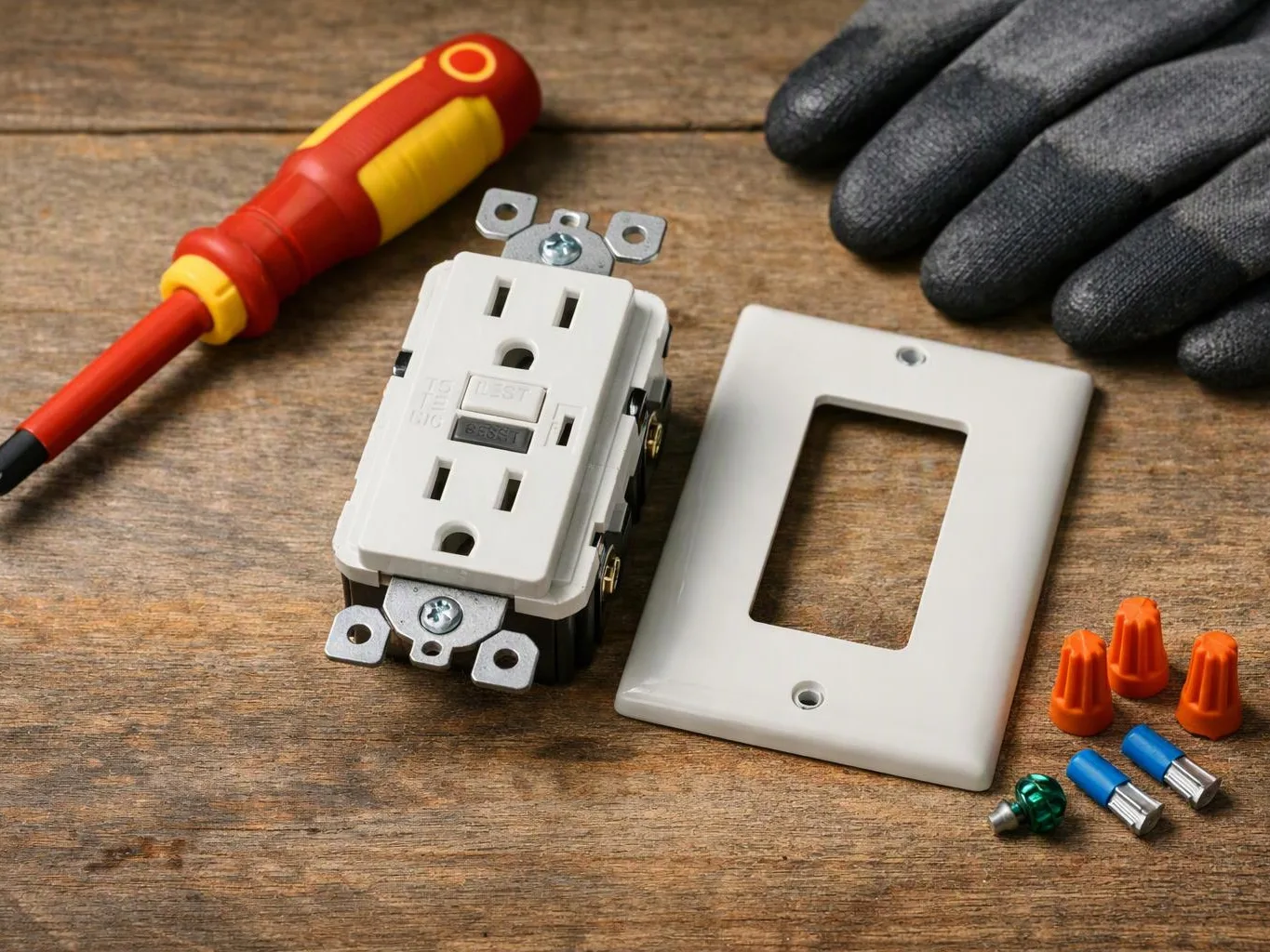 Electrical outlet parts, a screwdriver, gloves, wire nuts, and connectors lie on a wooden work surface