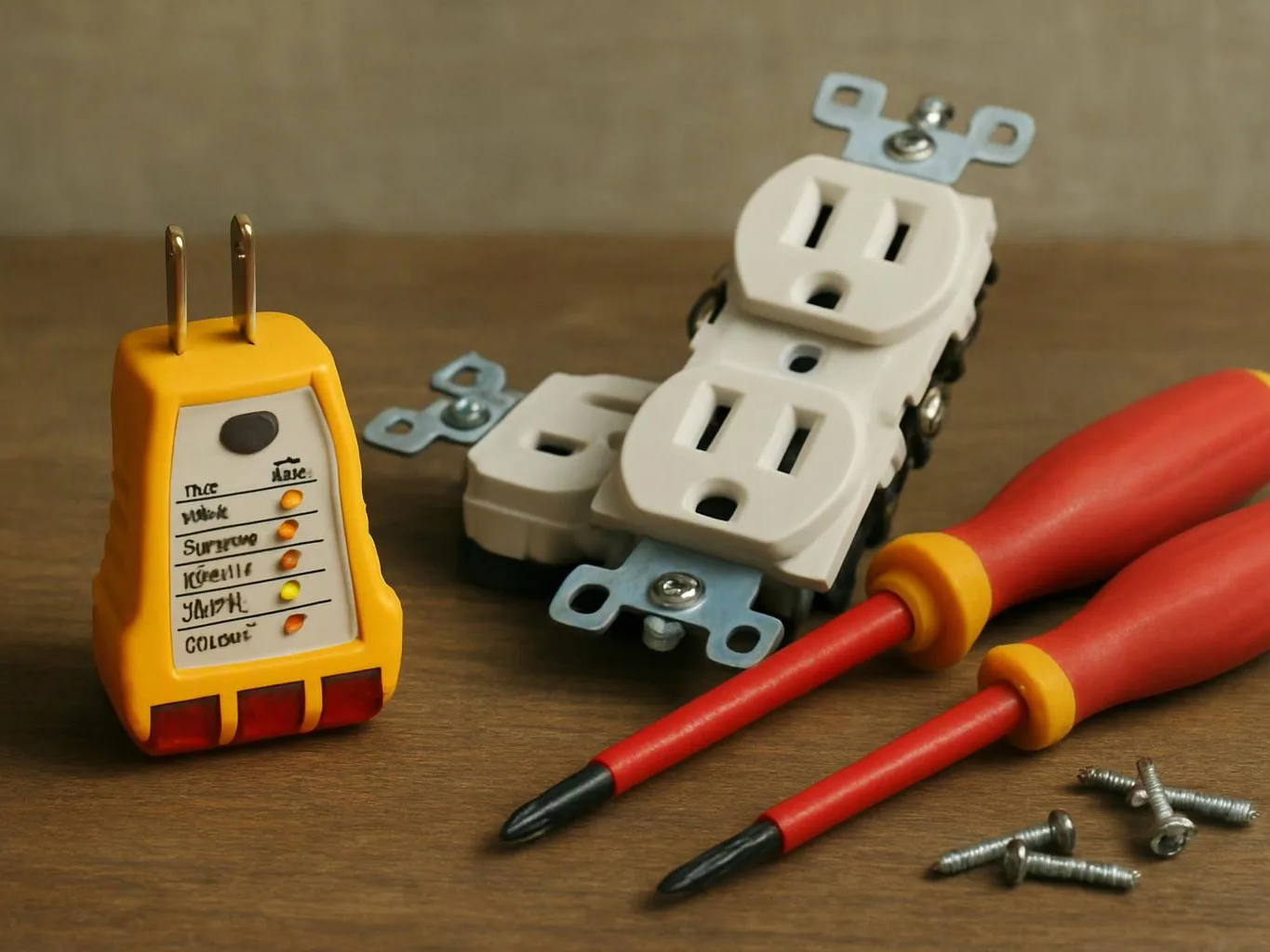 Electrical outlet testers, red screwdrivers, and loose screws lie on a wooden surface