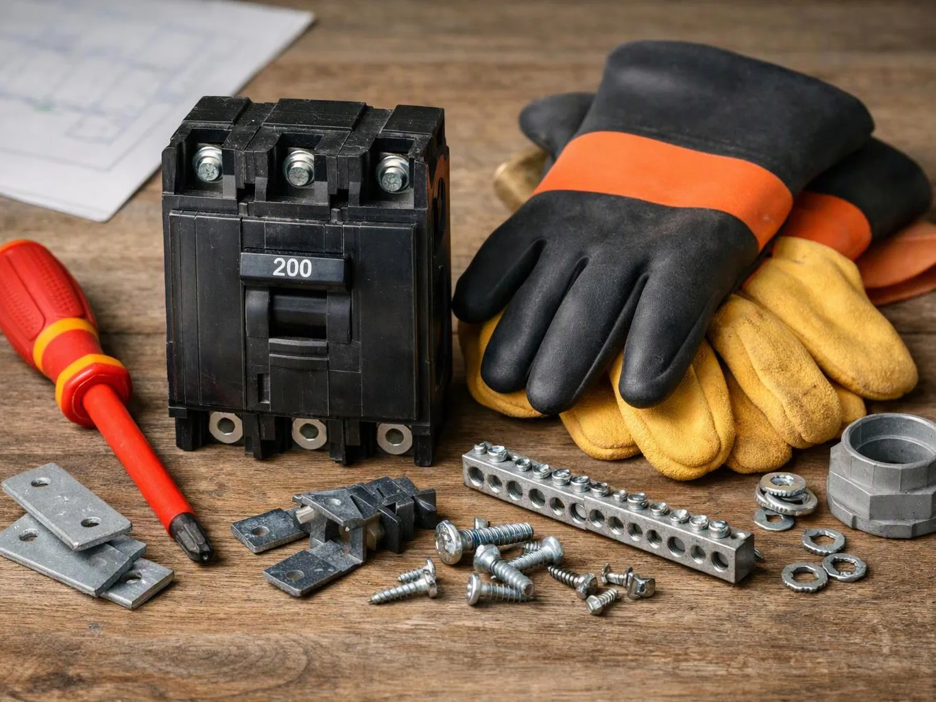 Electrical parts, gloves, screws, and a screwdriver are laid out on a wooden workbench