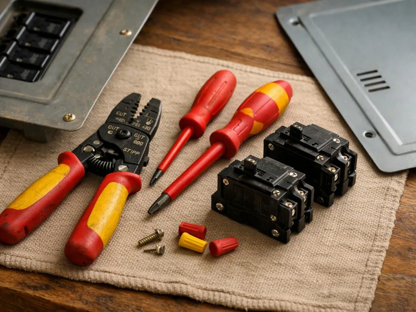Electrical tools and circuit breakers lie on a cloth mat beside a metal panel, with screws and wire caps nearby