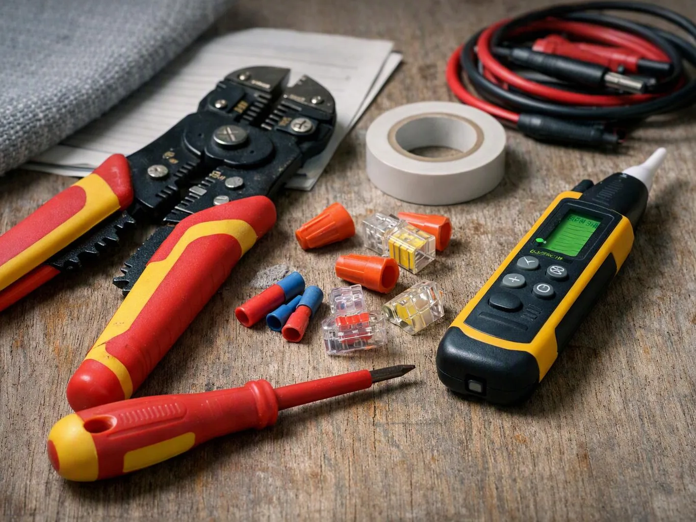 Electrical tools and connectors lie on a wooden surface, including wire strippers, a tester, tape, and cables