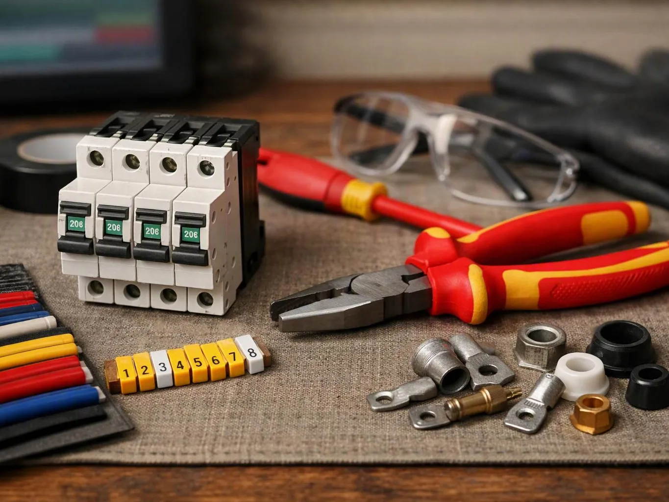 Electrical tools and parts lie on a workbench, with pliers, screwdrivers, wire, and a breaker block visible