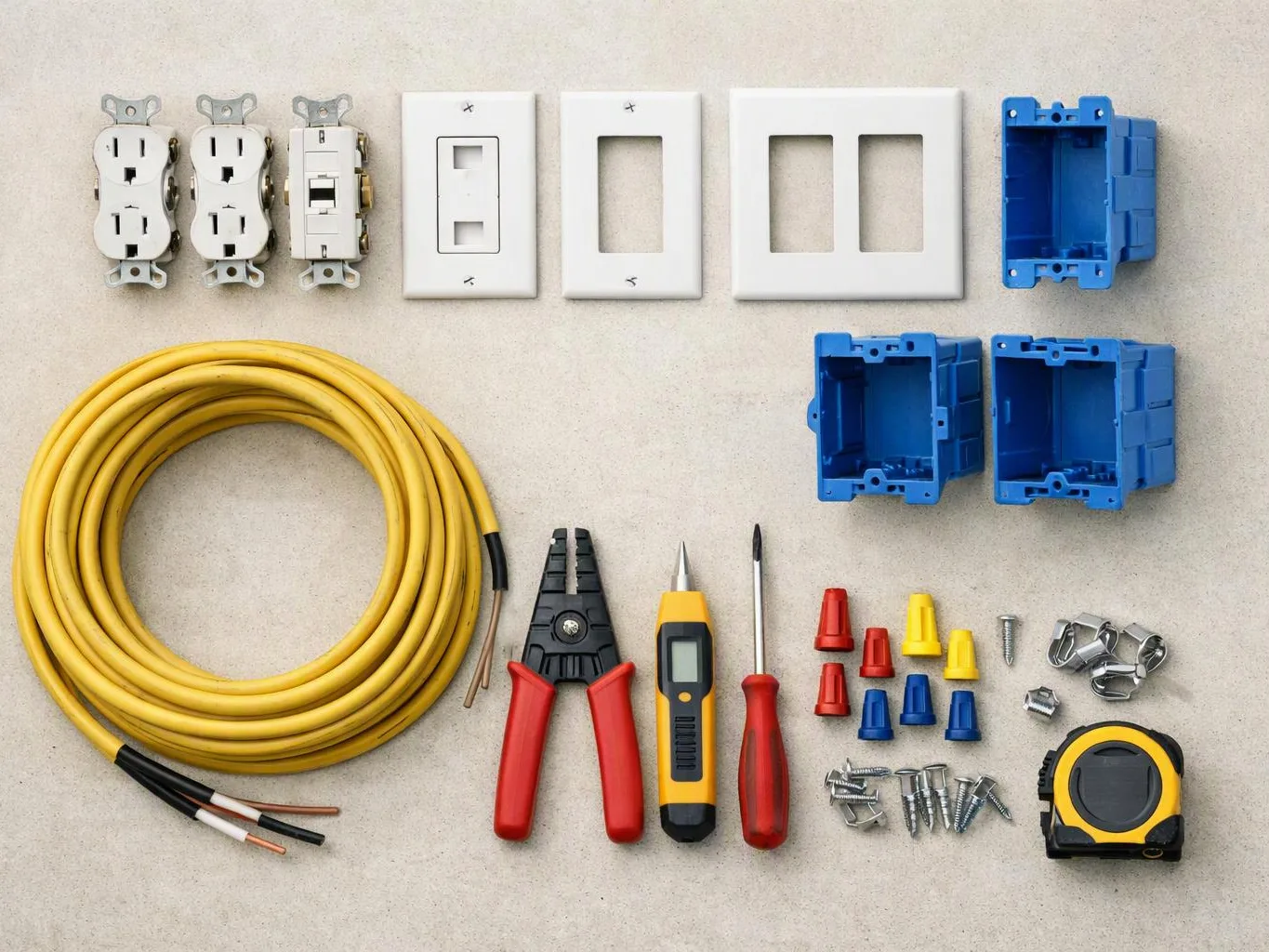 Electrical wiring parts and tools are laid out neatly on a flat work surface