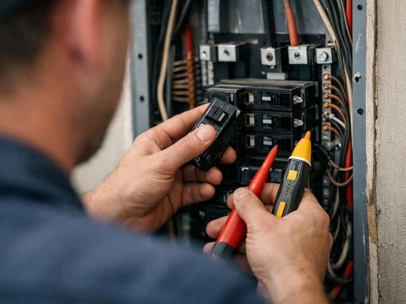 An electrician holds a circuit breaker and a voltage tester while working inside an open electrical panel