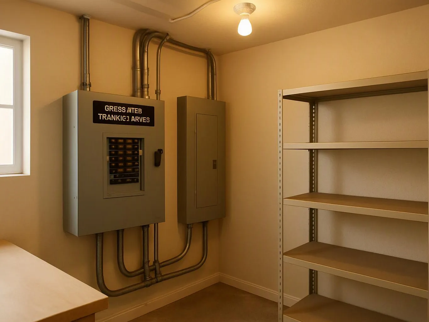 An empty utility room shows electrical panels, exposed conduit, a lit bulb, and bare metal shelving