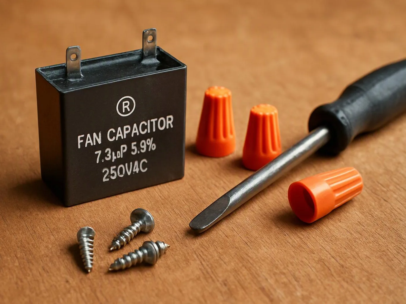 A fan capacitor, screwdriver, screws, and orange wire nuts sit on a wooden surface