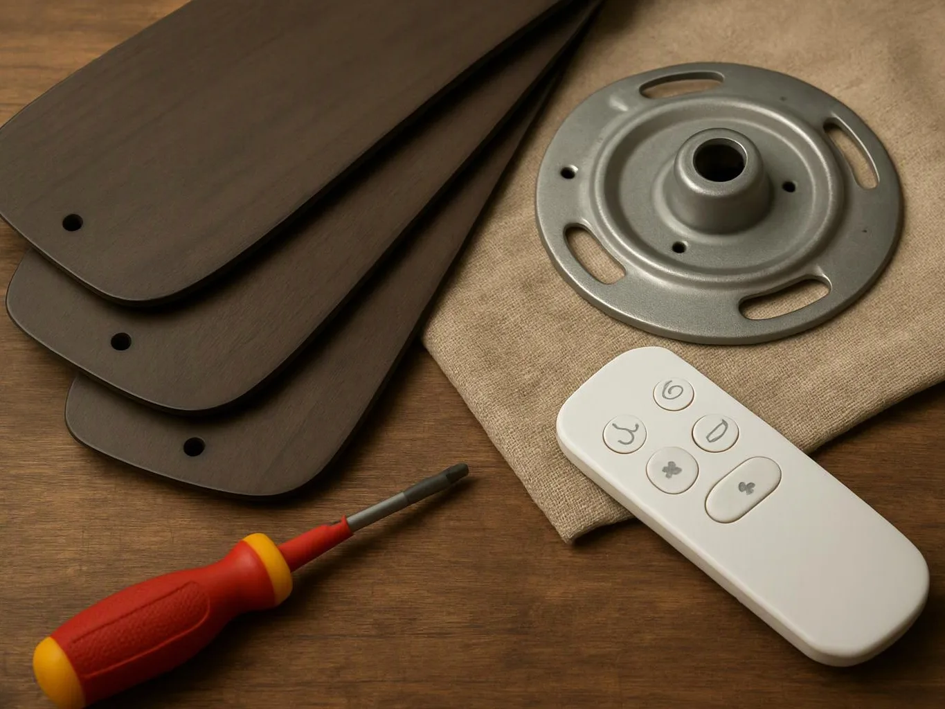 Fan parts, a remote, and a screwdriver lie on a wooden tabletop with folded fabric