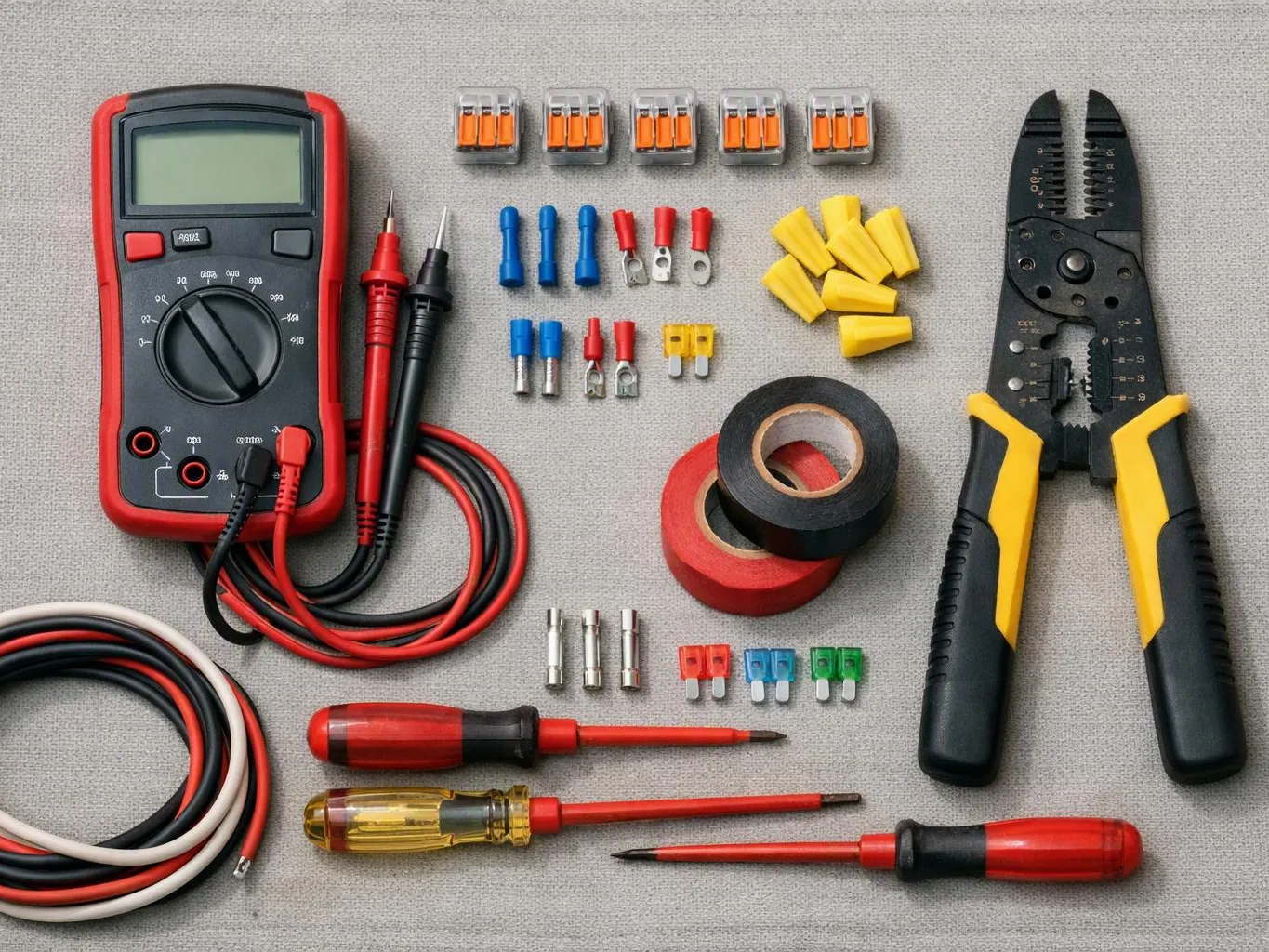 A flat lay of electrical tools, including a multimeter, wire strippers, screwdrivers, fuses, connectors