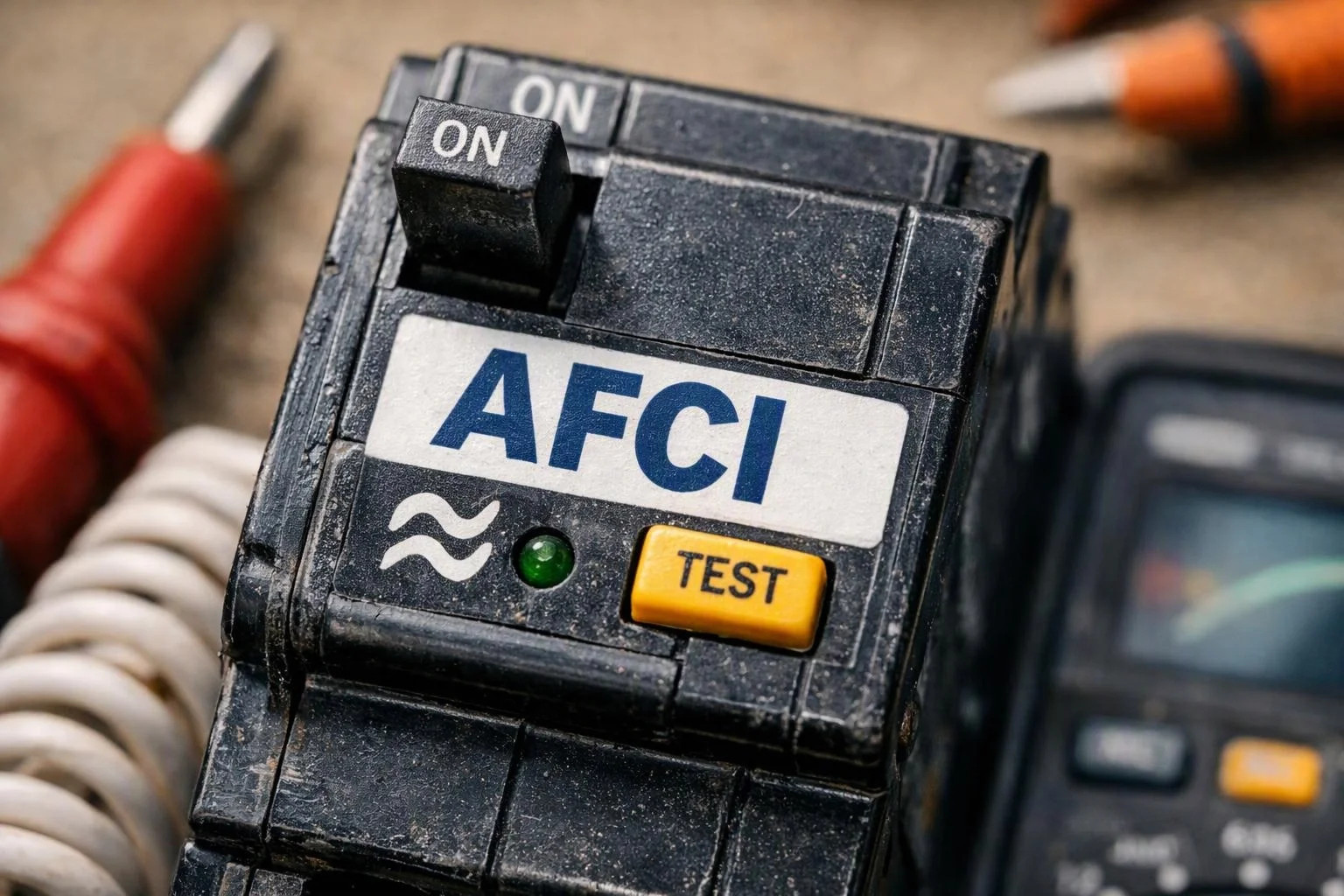 A close-up shows a dusty electrical breaker with AFCl and TEST labels on a workbench