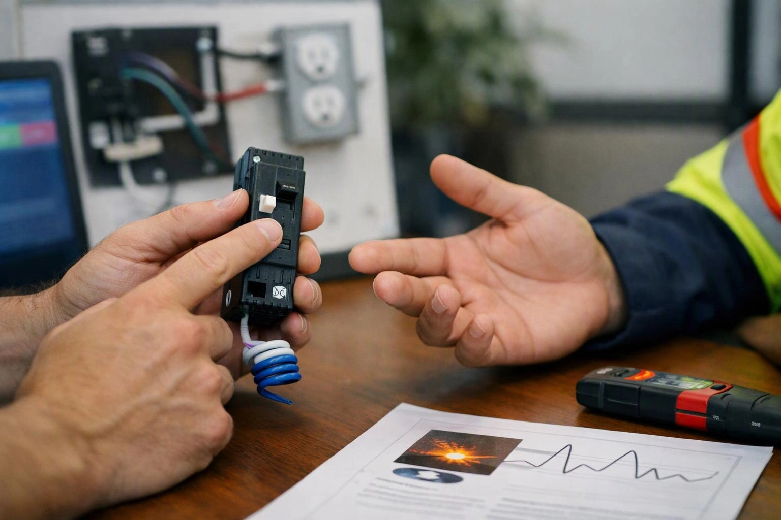Two people inspect a small electrical breaker over a wooden table with tools and a printed chart nearby